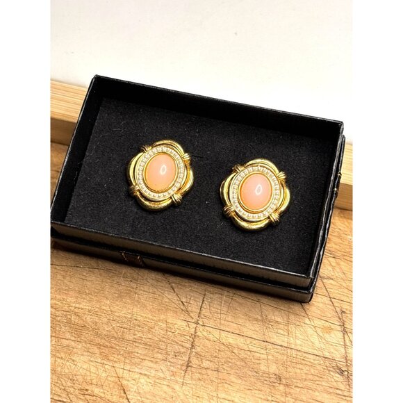 Vintage Gold-Tone Earrings With Coral-Like Center & Rhinestone Accents - Picture 1 of 7